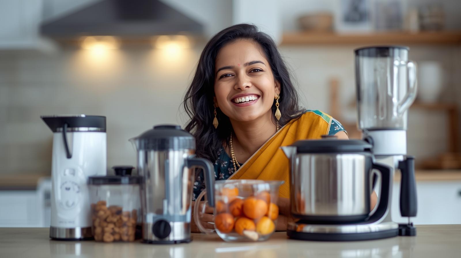 a picture of happy indian lady with smart kitchen gadgets